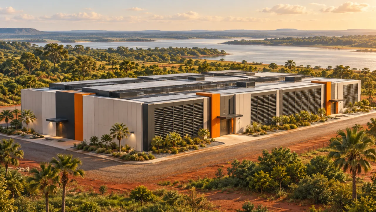 Illustration: A mining data center beside subtropical greenery and a river in Paraguay.