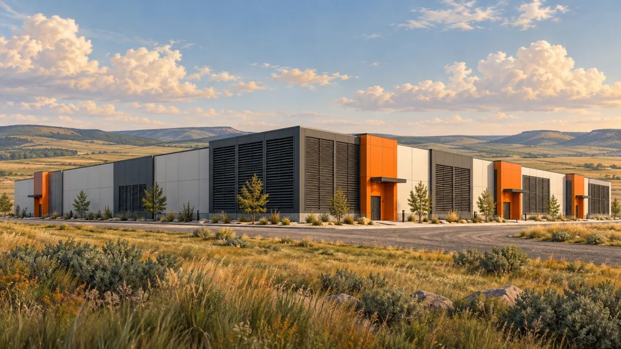 Illustration: A mining data center with orange accents beside open American grasslands.