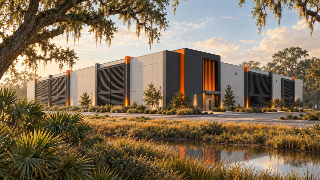 Illustration: A mining data center framed by live oaks and palmettos in South Carolina.
