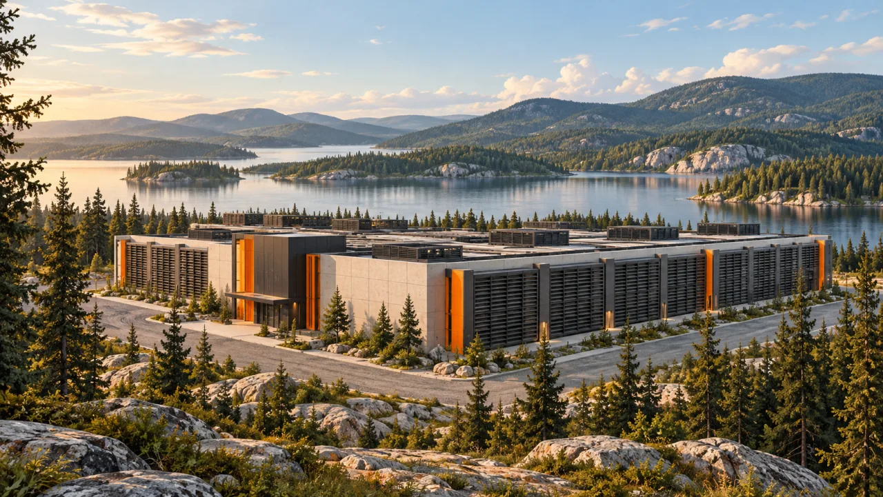 Illustration: A mining data center among Canadian evergreens beside a lake.