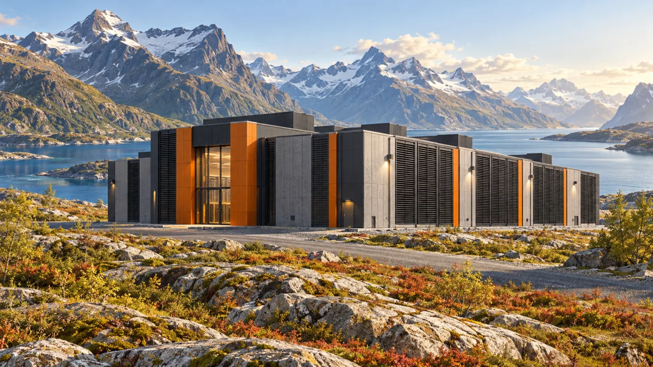 Illustration: A mining data center beside a Norwegian fjord and Arctic mountains.
