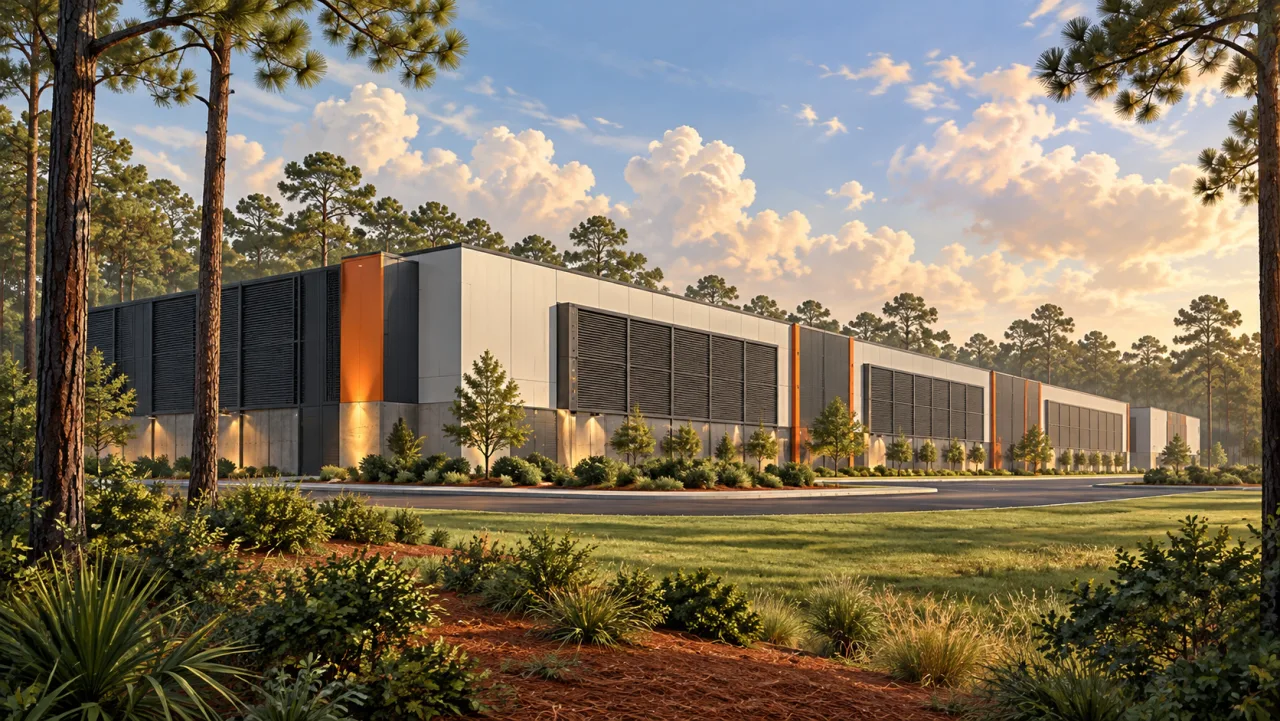 Illustration: A mining data center surrounded by Georgia pine woodland.