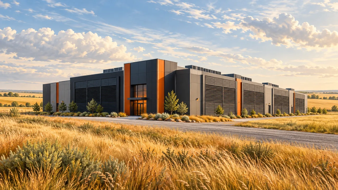 Illustration: A mining data center beside golden Kansas prairie.