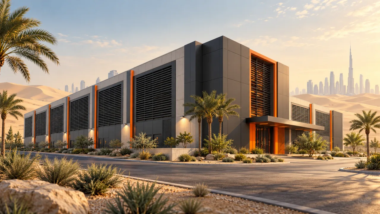 Illustration: A mining data center with orange accents in a desert landscape in the UAE.