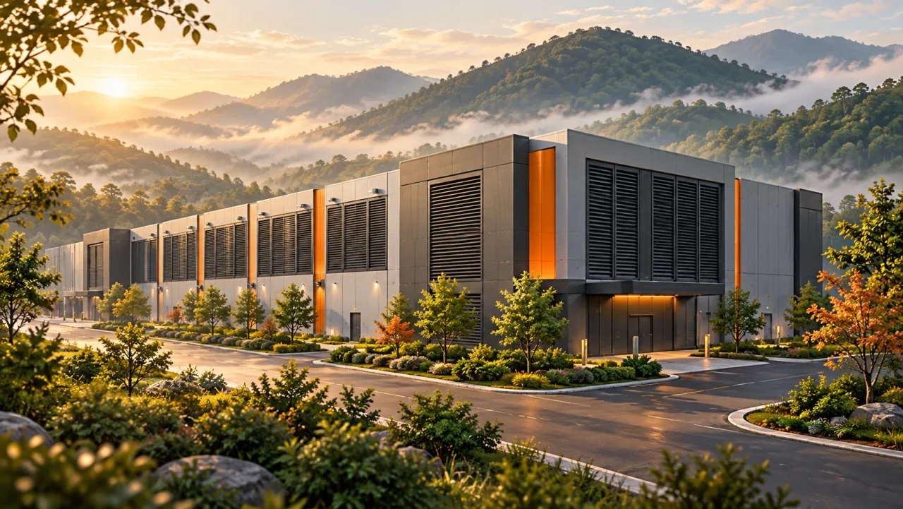 Illustration: A mining data center beside misty green hills in China.