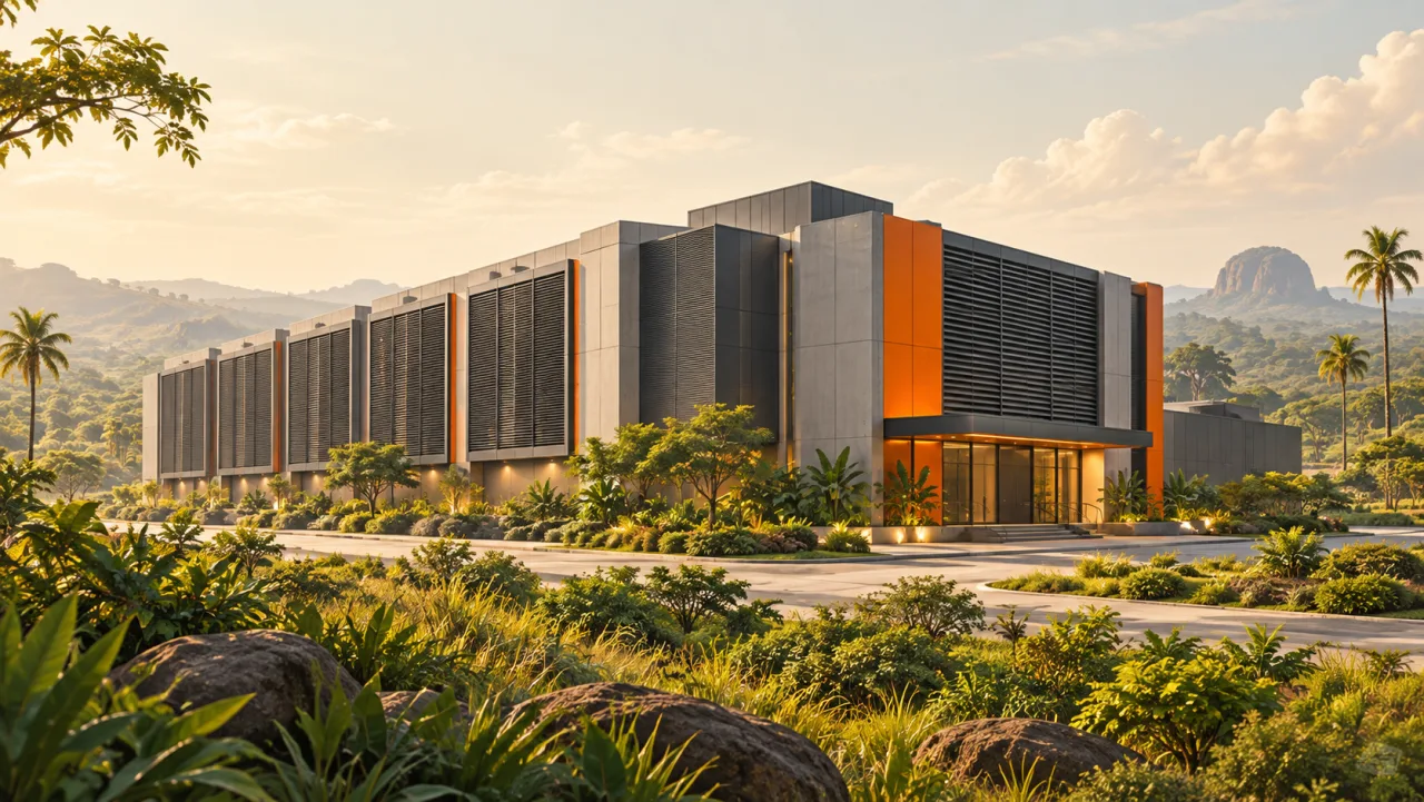 Illustration: A mining data center with orange accents in a Nigerian savanna landscape.
