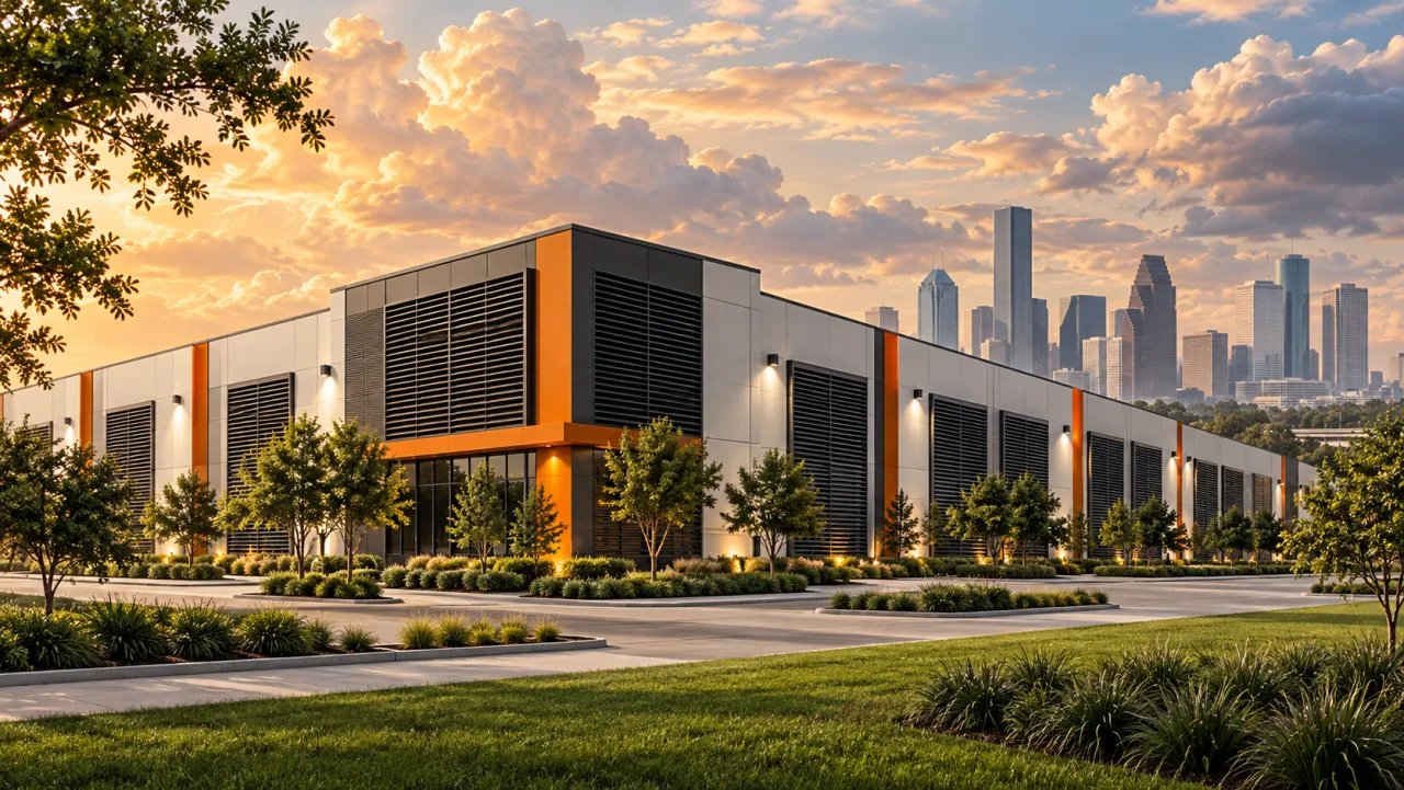 Illustration: A mining data center with a distant Houston city skyline.