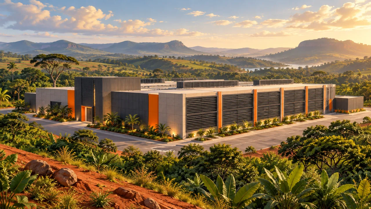 Illustration: A mining data center amid green Brazilian countryside.