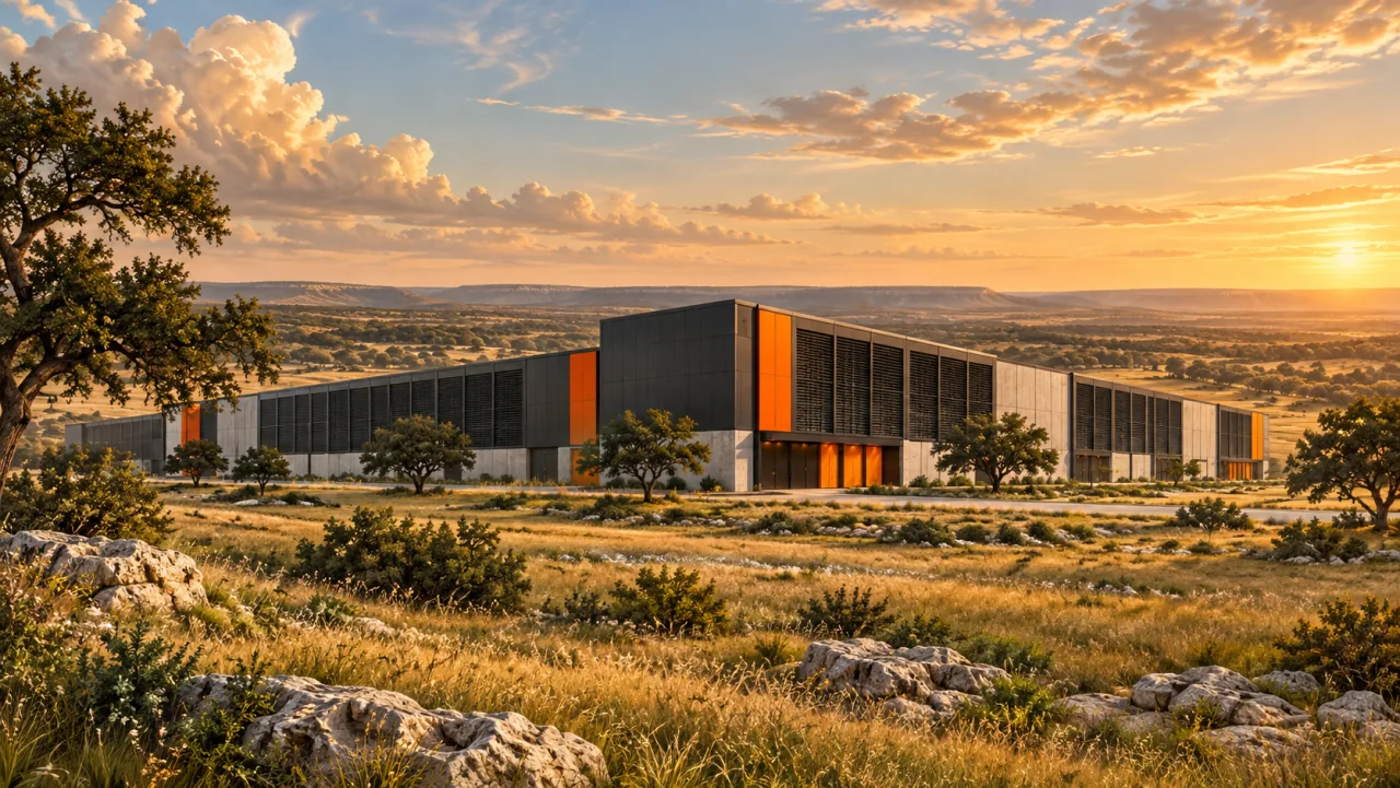 Illustration: A mining data center across open Texas grassland.