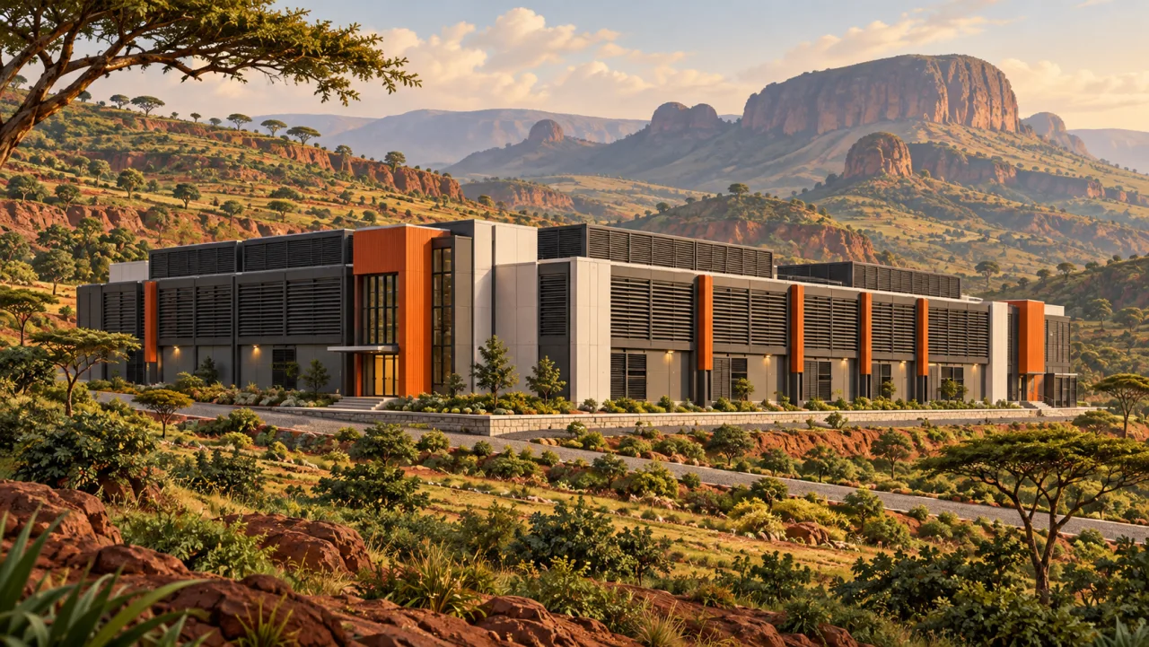 Illustration: A mining data center beside green Ethiopian highlands.