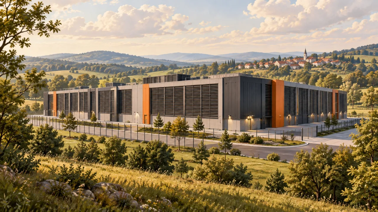 Illustration: A mining data center amid Czech fields and trees.