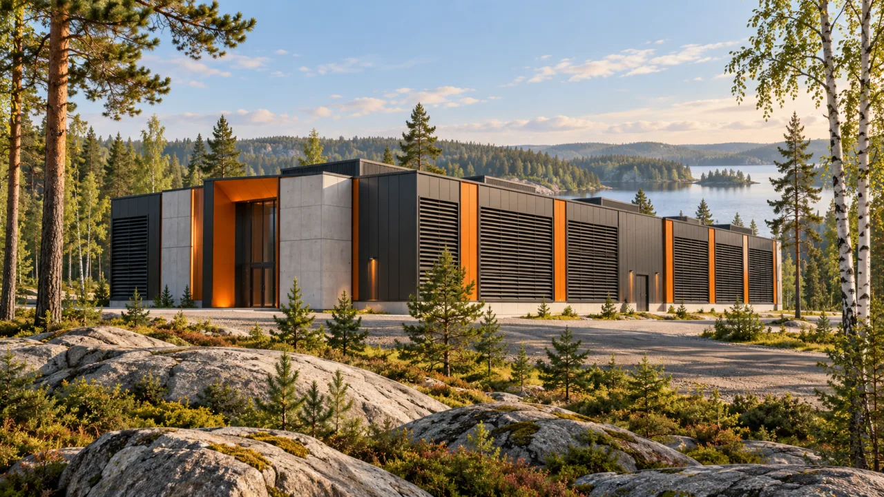 Illustration: A mining data center among Finnish conifers beside a lake.