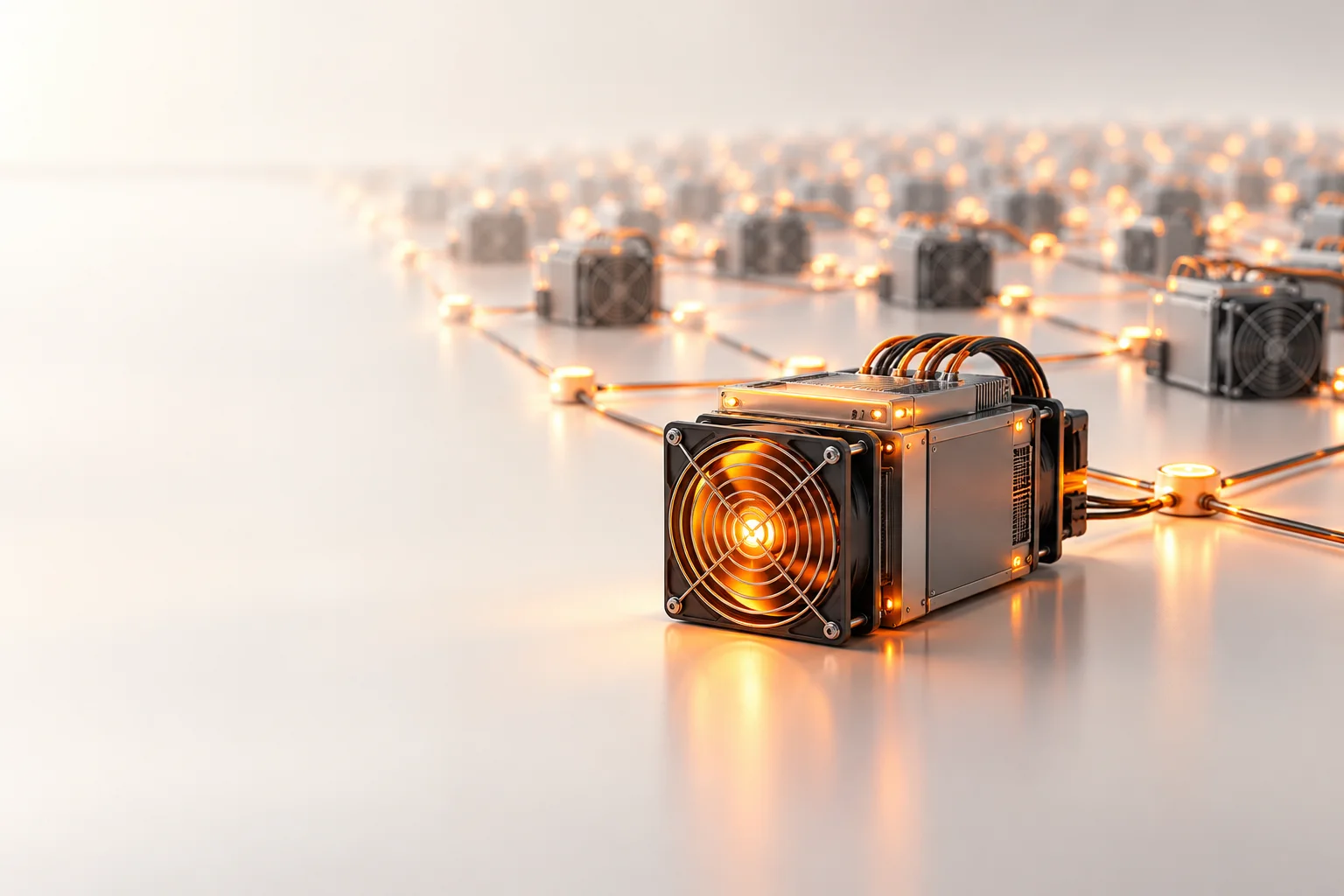 Illustration: One glowing orange miner contributes to a much larger network of neutral mining nodes.