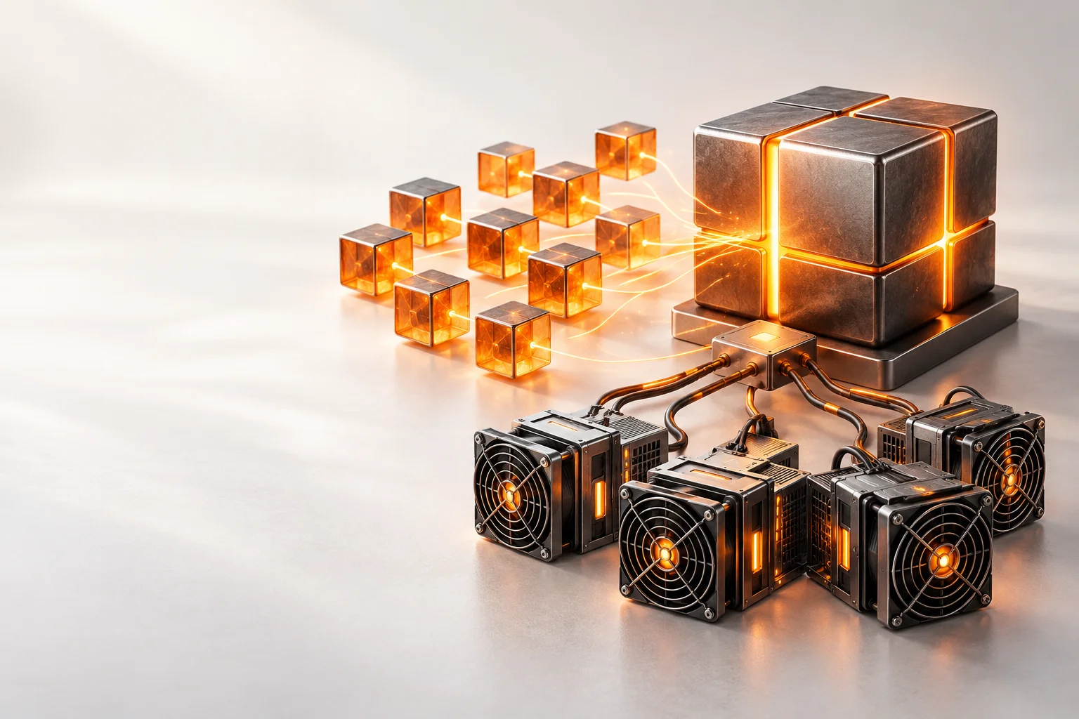 Illustration: Small work-share cubes beside one larger block cube and connected mining equipment.