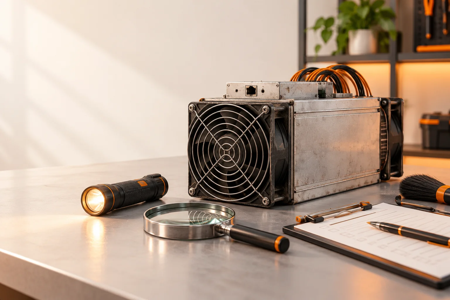 Illustration: A used miner beside a flashlight, magnifying glass, and testing clipboard.