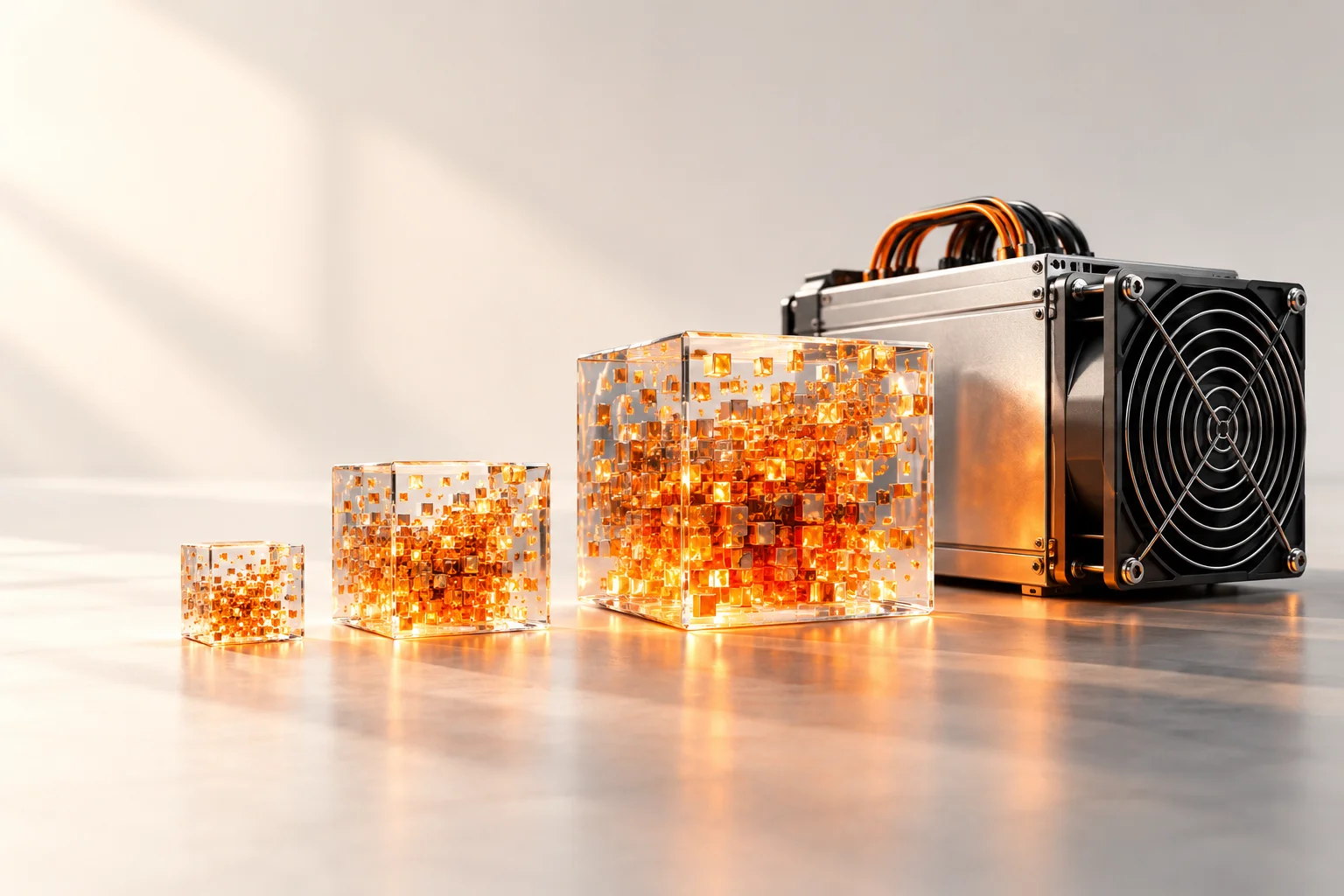 Illustration: A miner beside three progressively larger cubes of orange hash particles.