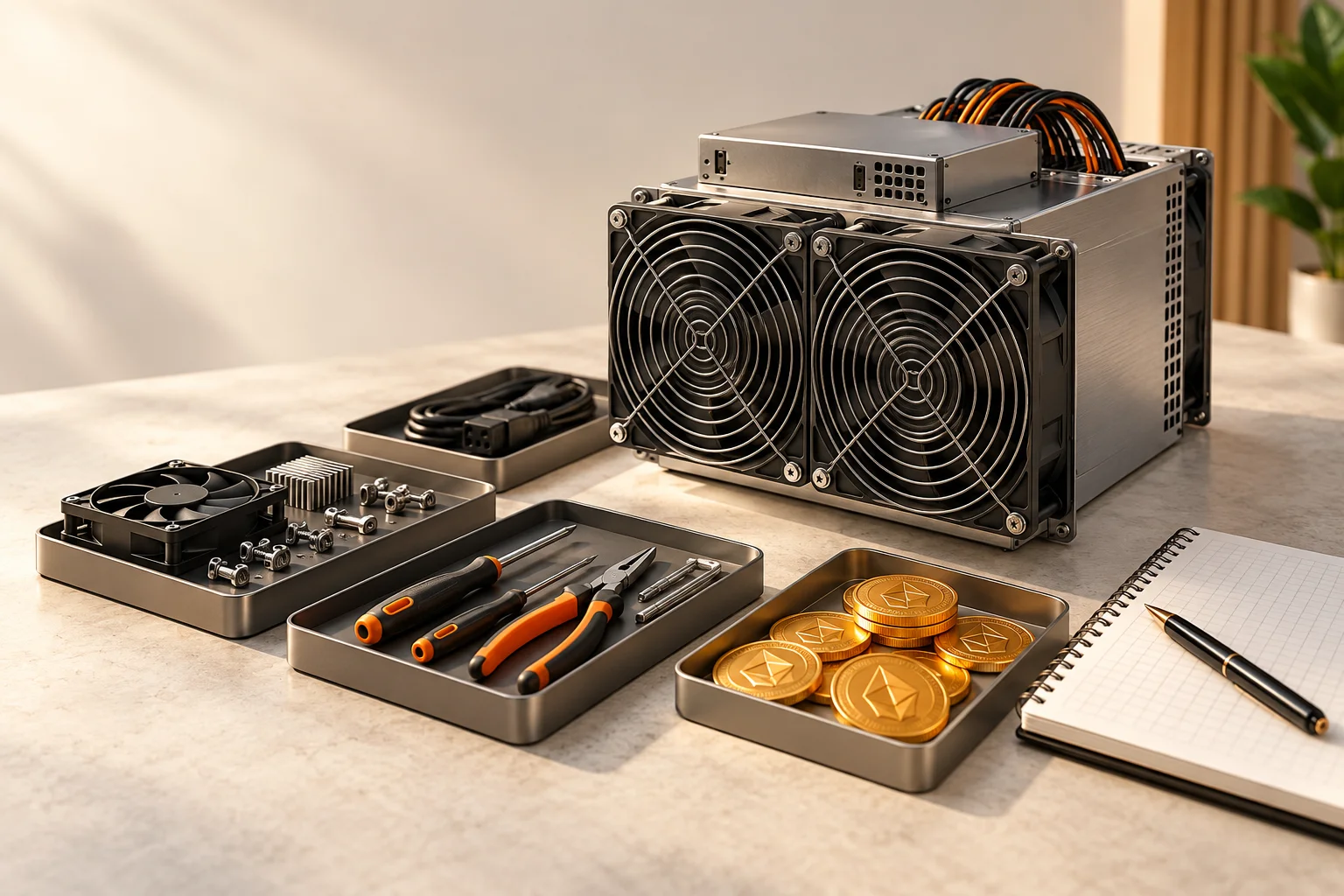 Illustration: A miner beside separate trays representing equipment, installation, and electricity costs.