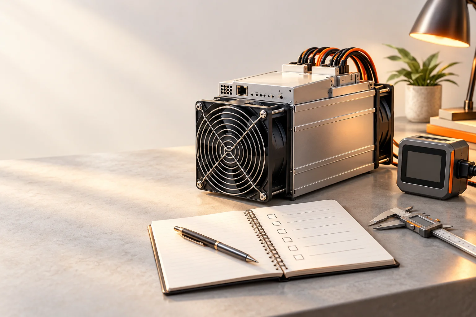 Illustration: A mining research desk with an ASIC miner, checklist notebook, and measuring tools.