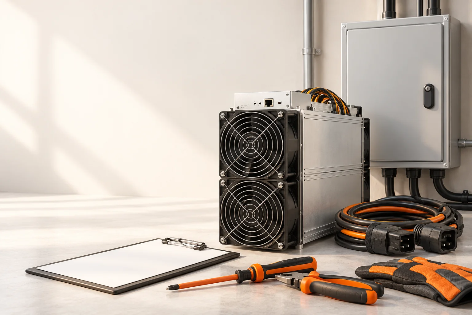 Illustration: Disconnected mining equipment beside a closed electrical enclosure, clipboard, and insulated tools.