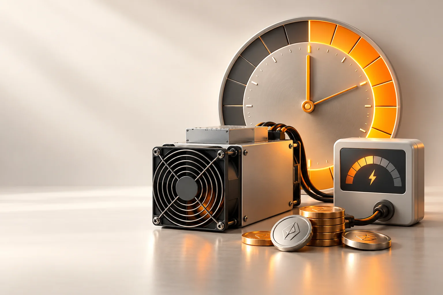 Illustration: A miner and meter beside a segmented clock distinguishing active and standby periods.