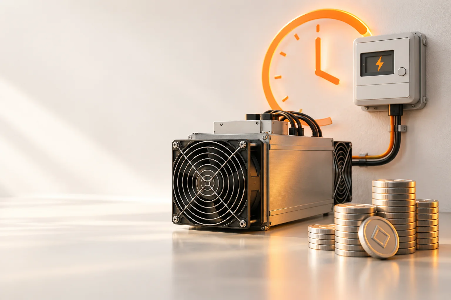 Illustration: A miner beside an energy meter, clock arc, and cost tokens.