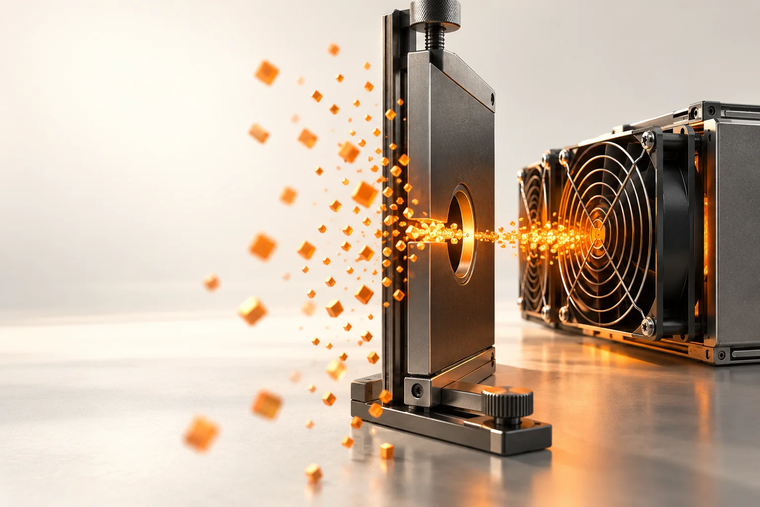 Illustration: A miner sends orange hash particles toward a narrow target opening.