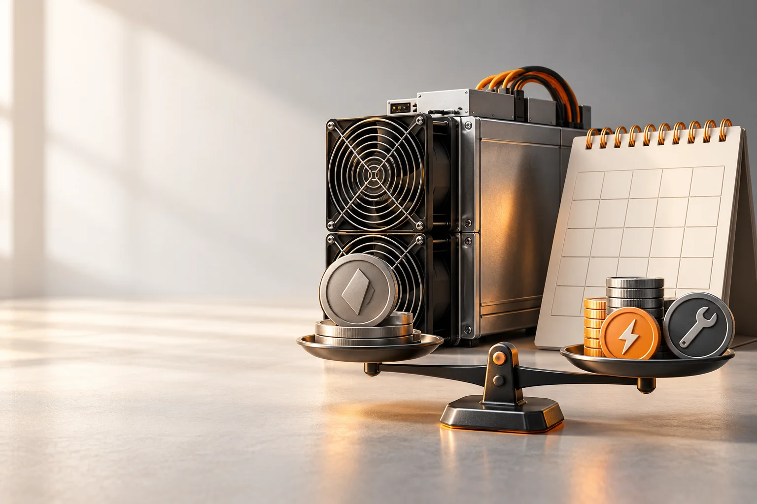 Illustration: A miner beside calendar tiles and a break-even balance with energy and repair costs.