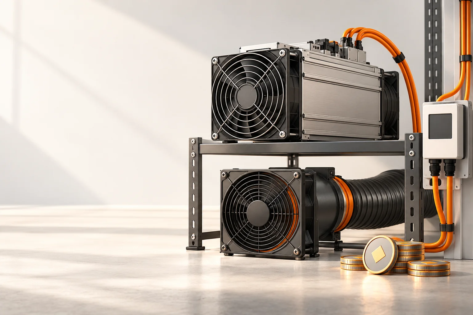 Illustration: Two mining units beside an energy meter and cost tokens.