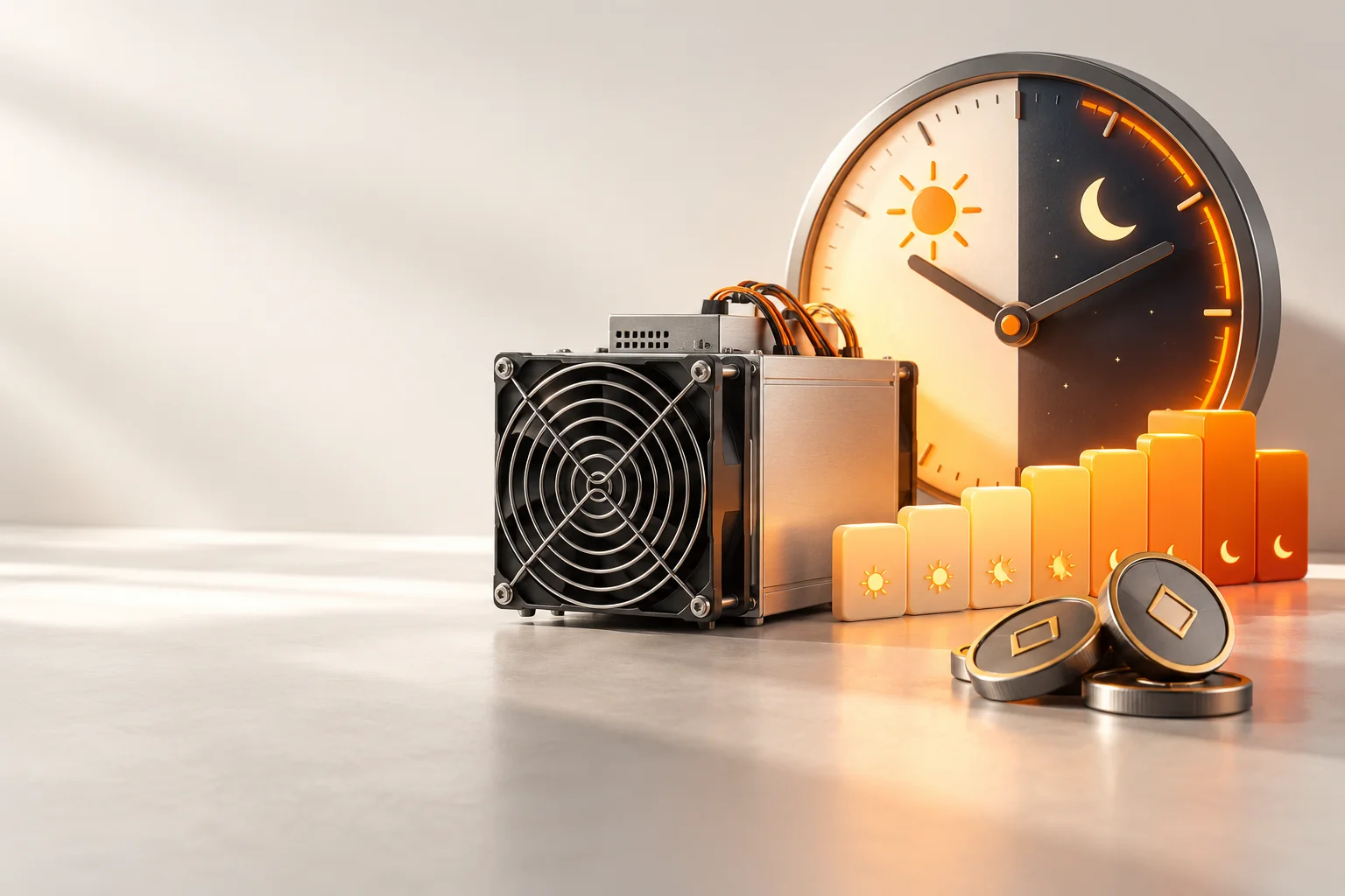 Illustration: A miner beside a day-and-night clock and varying electricity-rate tiles.