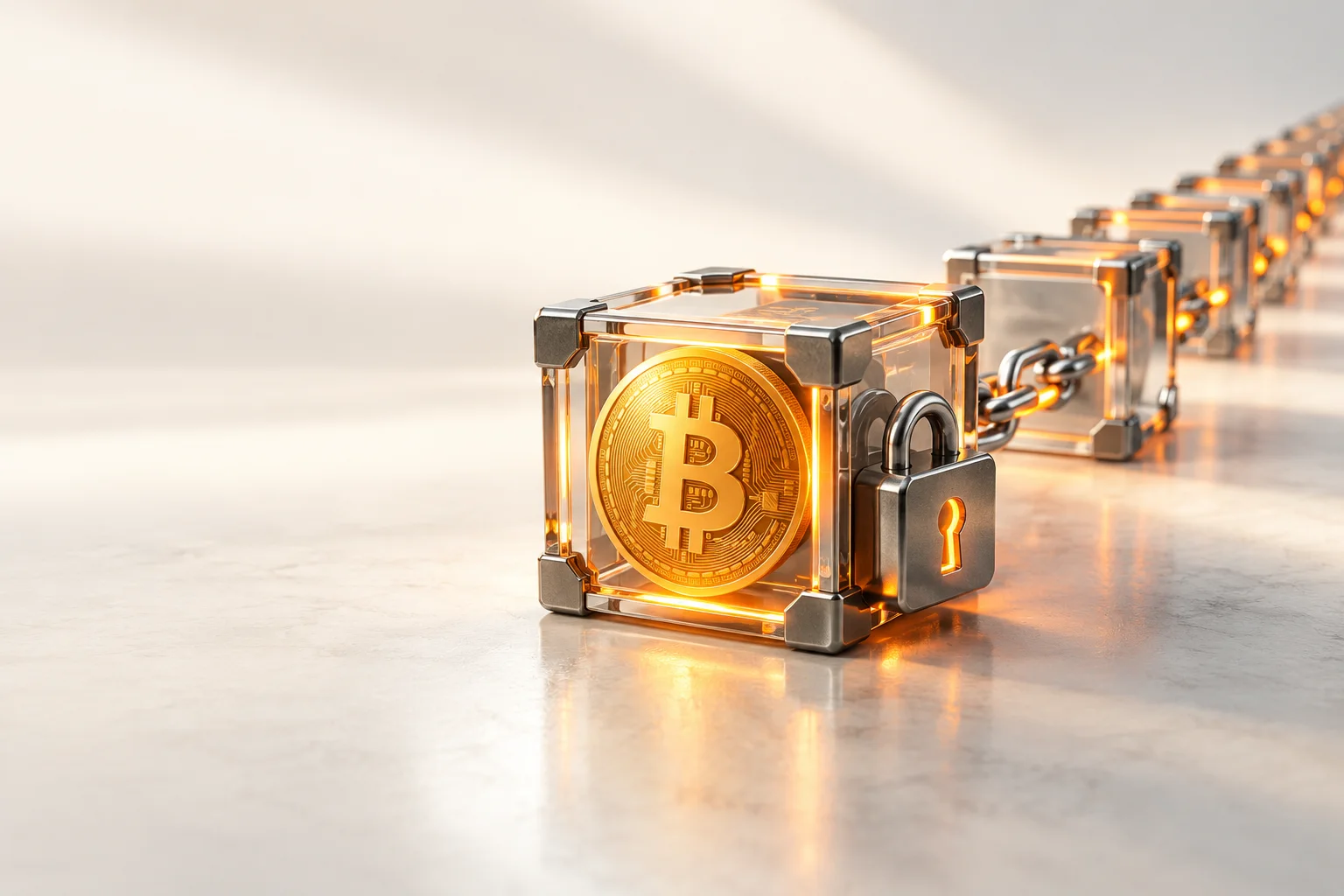 Illustration: A Bitcoin reward coin locked inside the first cube of a connected block chain.