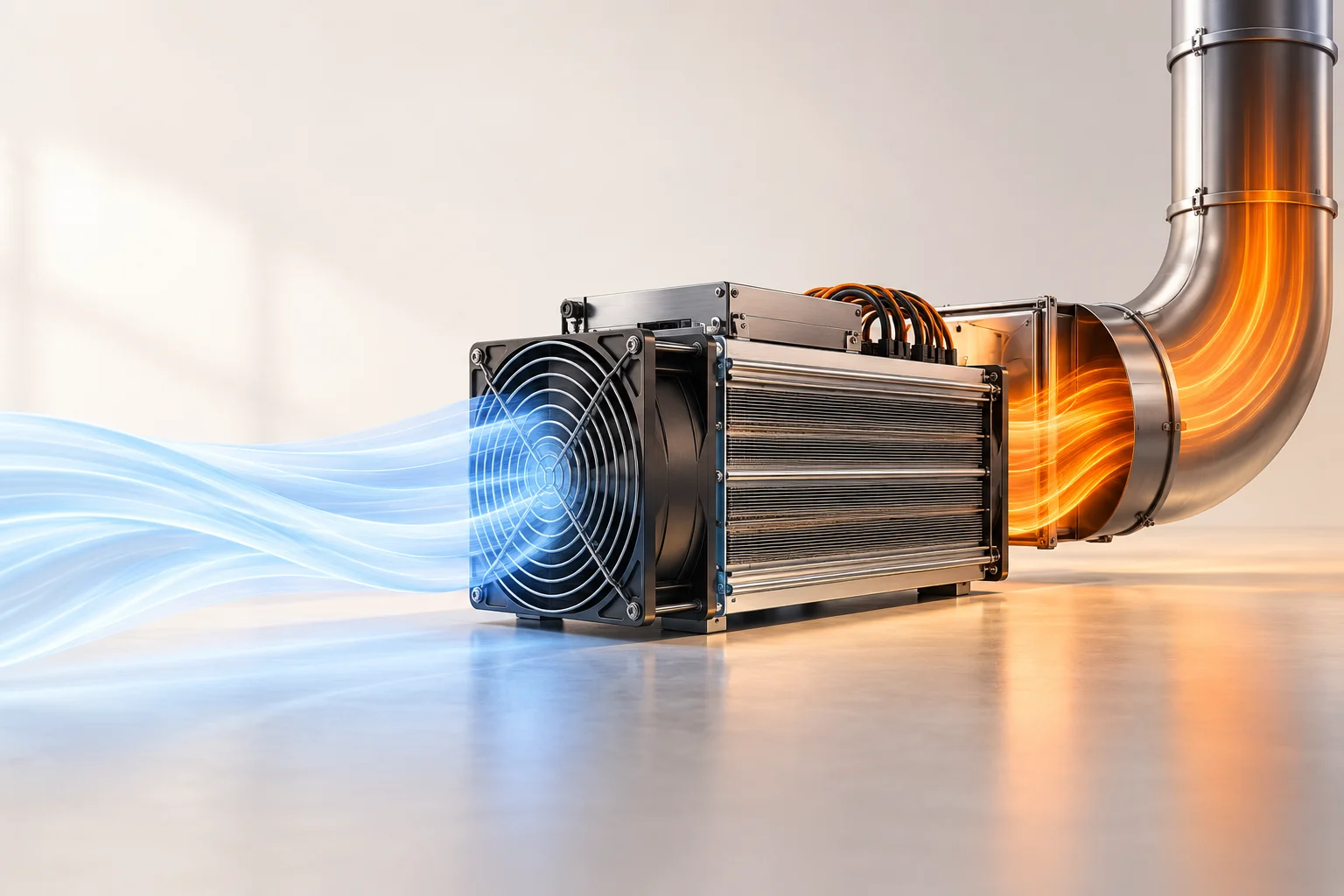 Illustration: Blue intake airflow and orange exhaust airflow pass through a miner into a separate duct.