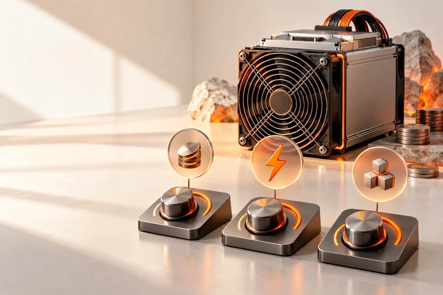Illustration: Mining equipment with adjustable inputs representing coin value, energy cost, and yield.