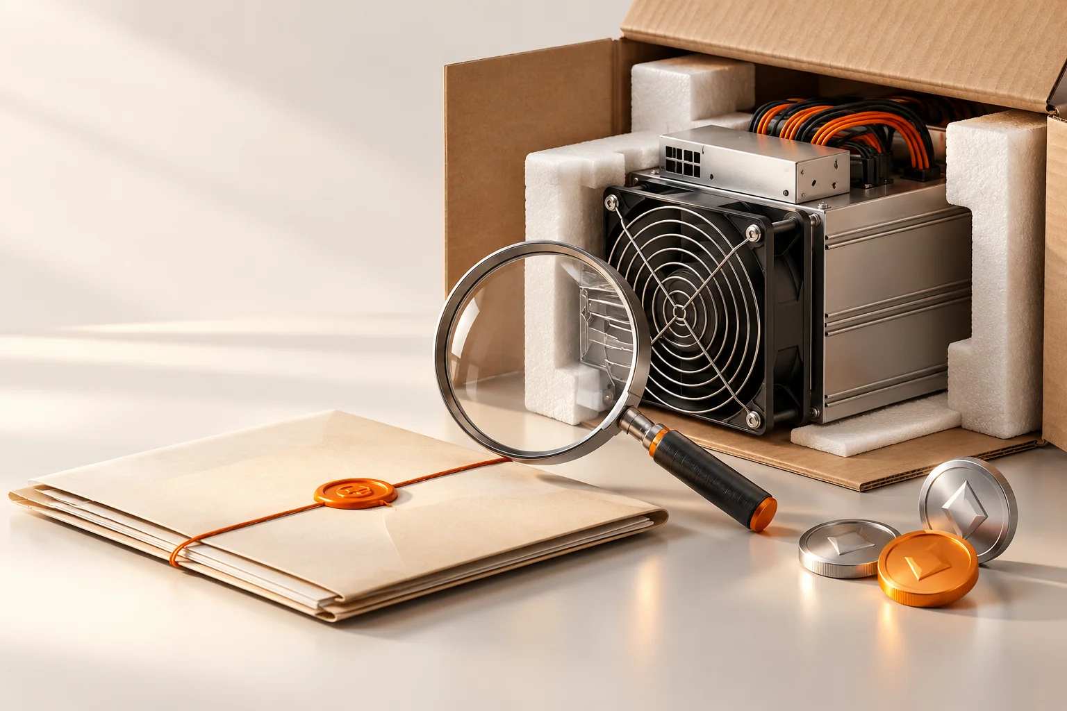 Illustration: A miner’s shipping box beside a model-inspection magnifier and an invoice folder.
