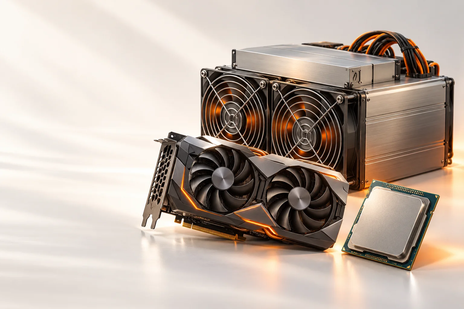 Illustration: A comparison of an ASIC miner, a graphics card, and a processor chip.