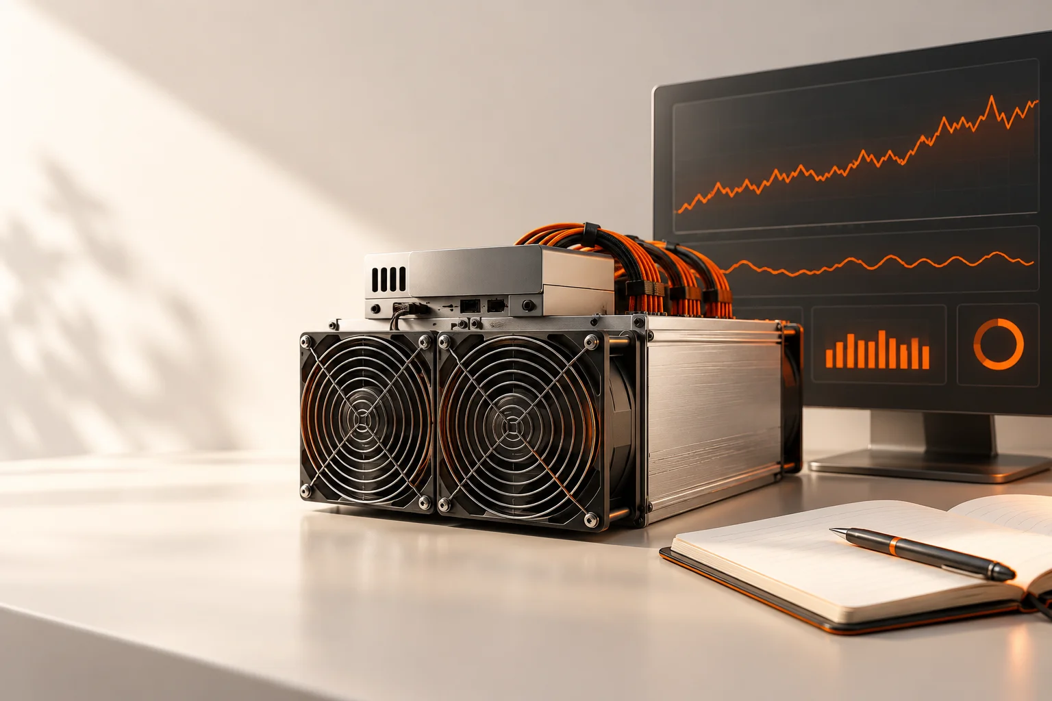 Illustration: A miner beside a monitoring display with metric traces and an observation notebook.