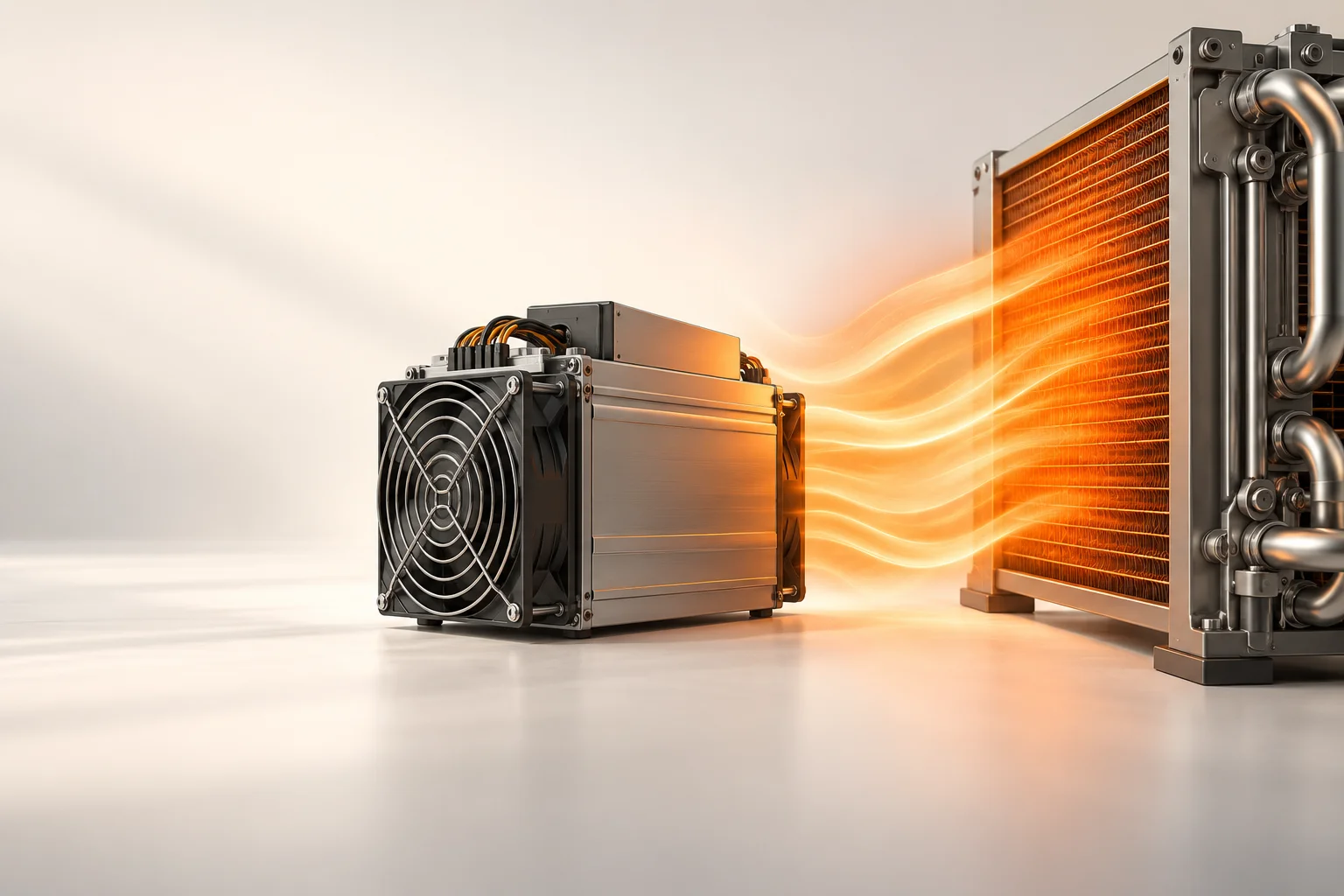 Illustration: Orange heat ribbons flow from a miner toward a cooling exchanger.