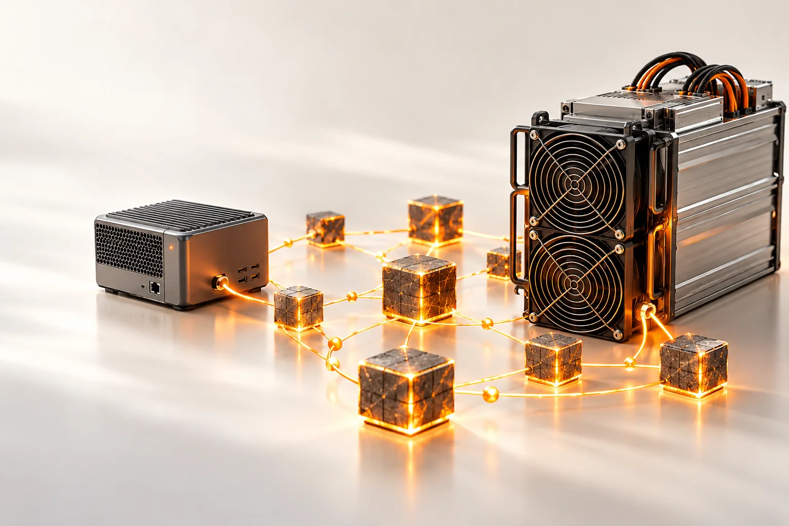 Illustration: An ASIC miner and a separate full-node computer connected by block cubes.