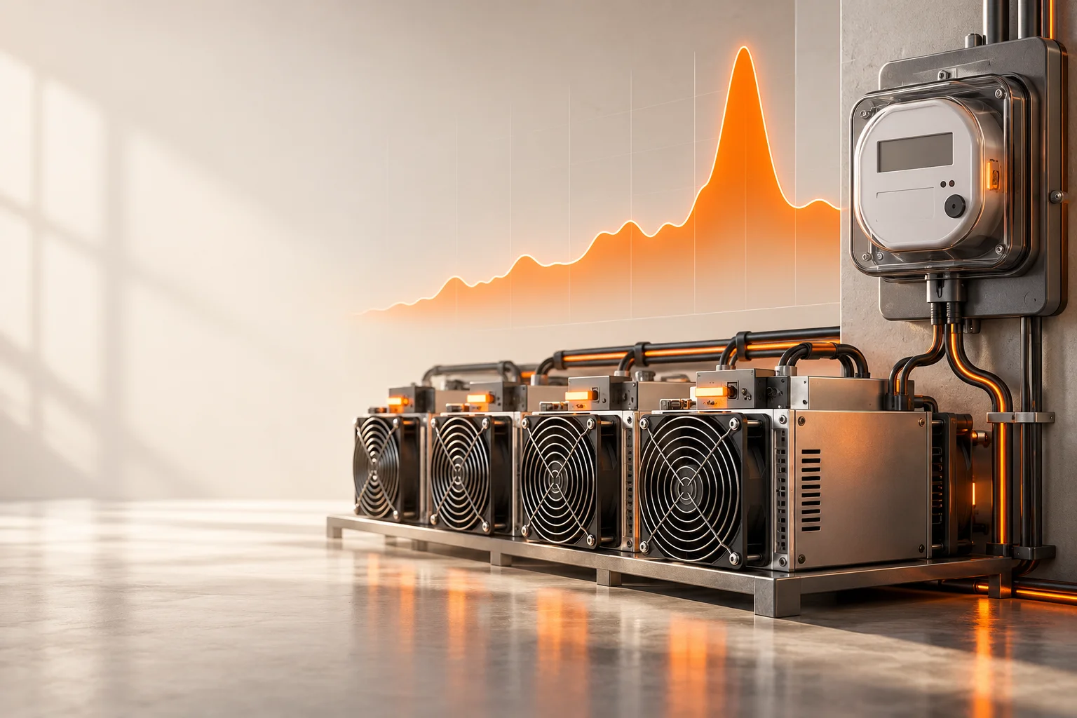 Illustration: Mining equipment beside an energy meter and a load profile with a prominent power peak.