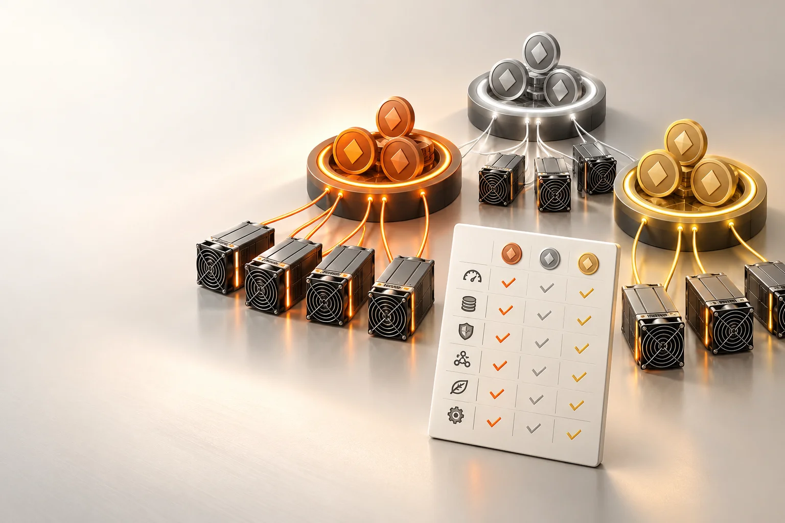 Illustration: Mining devices grouped into separate connected pool clusters beside a comparison checklist.