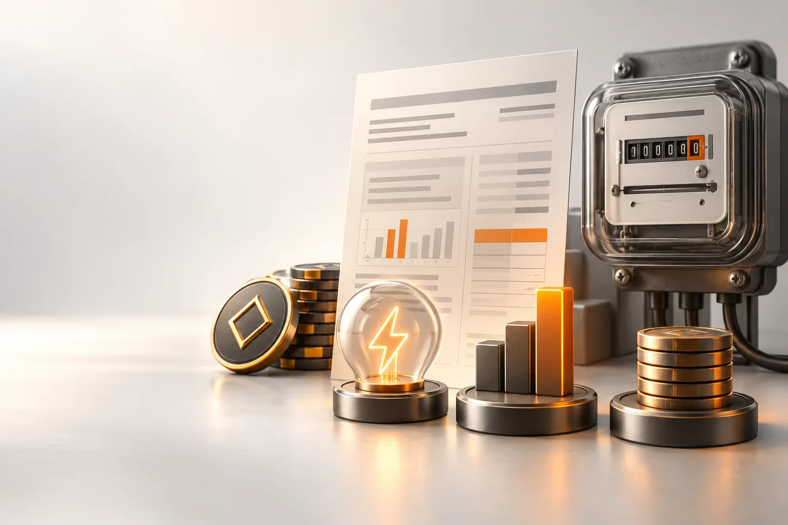 Illustration: An electricity bill and meter beside separate energy, peak-demand, and fixed-cost objects.