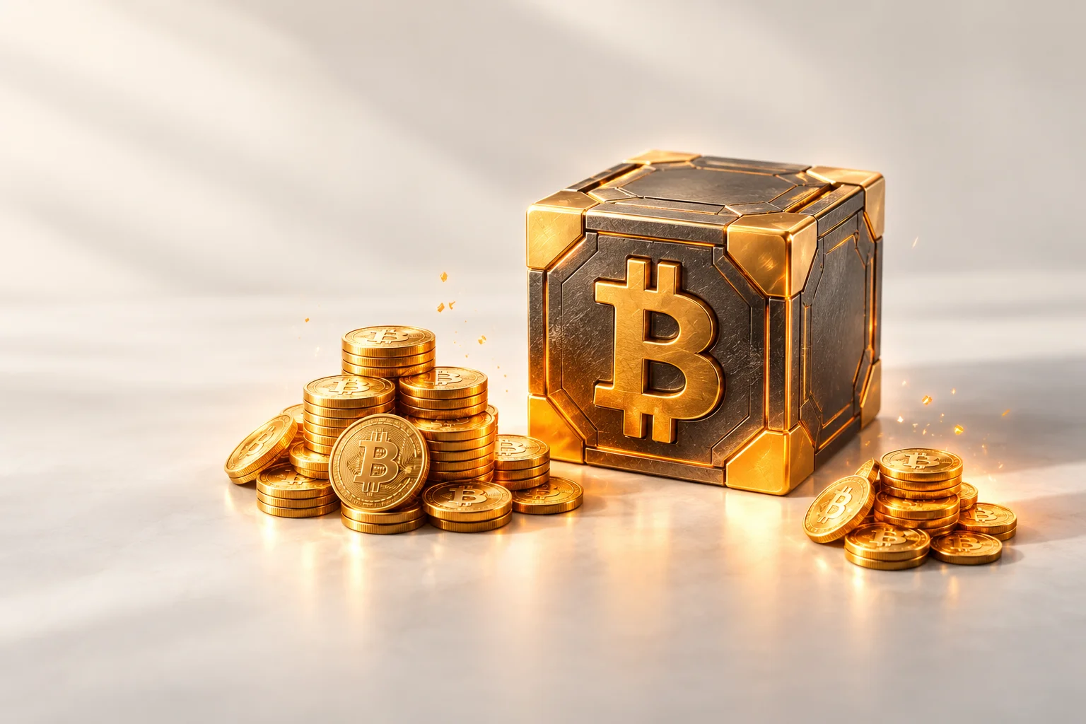 Illustration: A Bitcoin block cube beside separate groups of reward coins.
