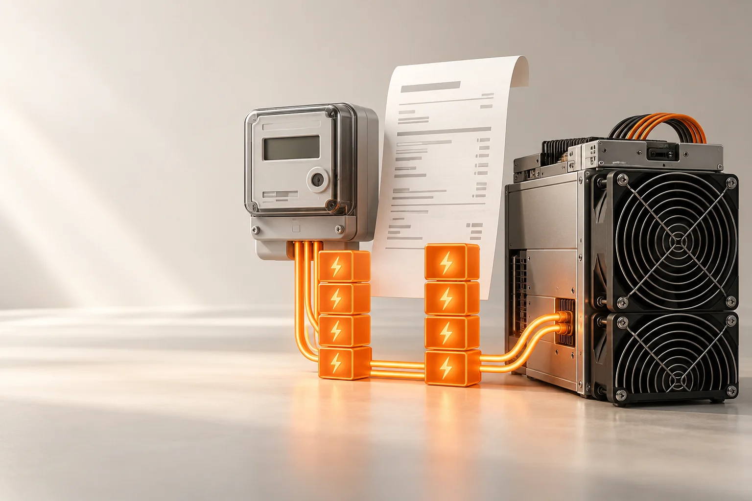 Illustration: An energy meter and electricity bill linked by matching stacks of energy cubes.