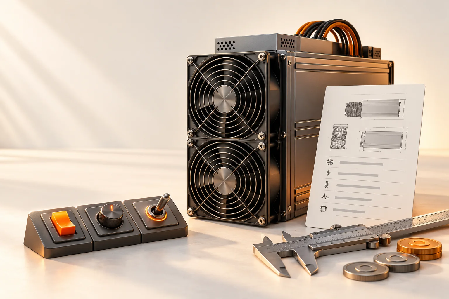 Illustration: A miner beside a specification card, dimension calipers, and operating-mode switches.