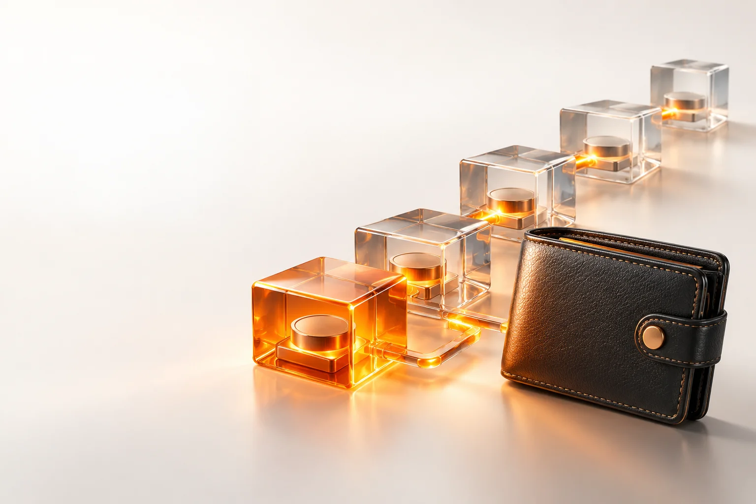 Illustration: A wallet beside a progressively stacked chain of transaction blocks.