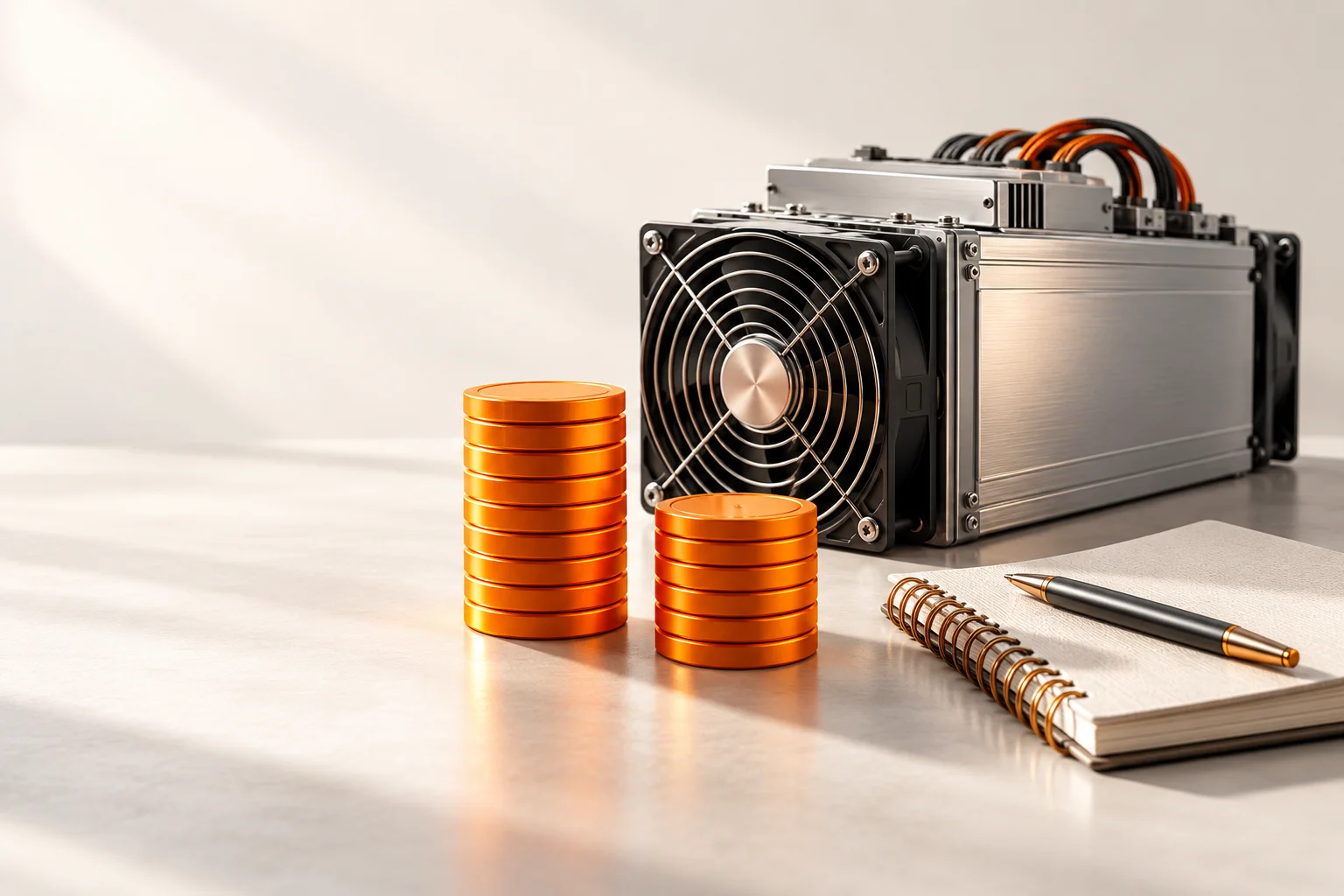 Illustration: A miner beside two stacks of reward tokens, with the second half the height of the first.