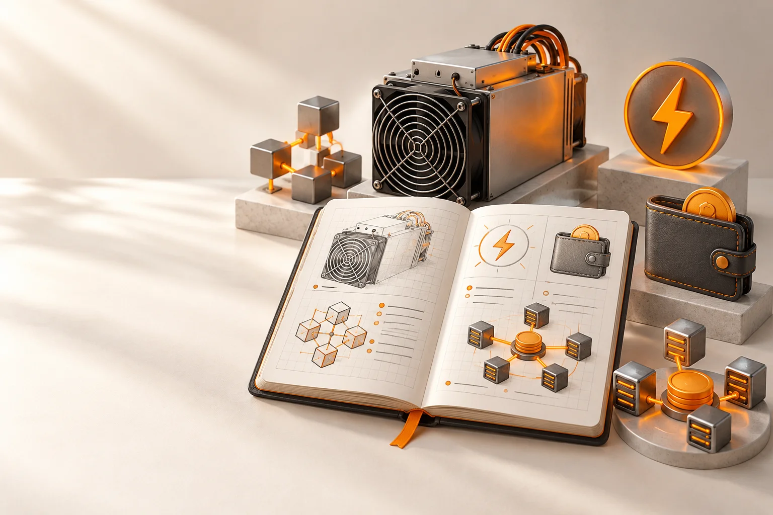 Illustration: A reference notebook surrounded by mining, block, electricity, wallet, and network symbols.