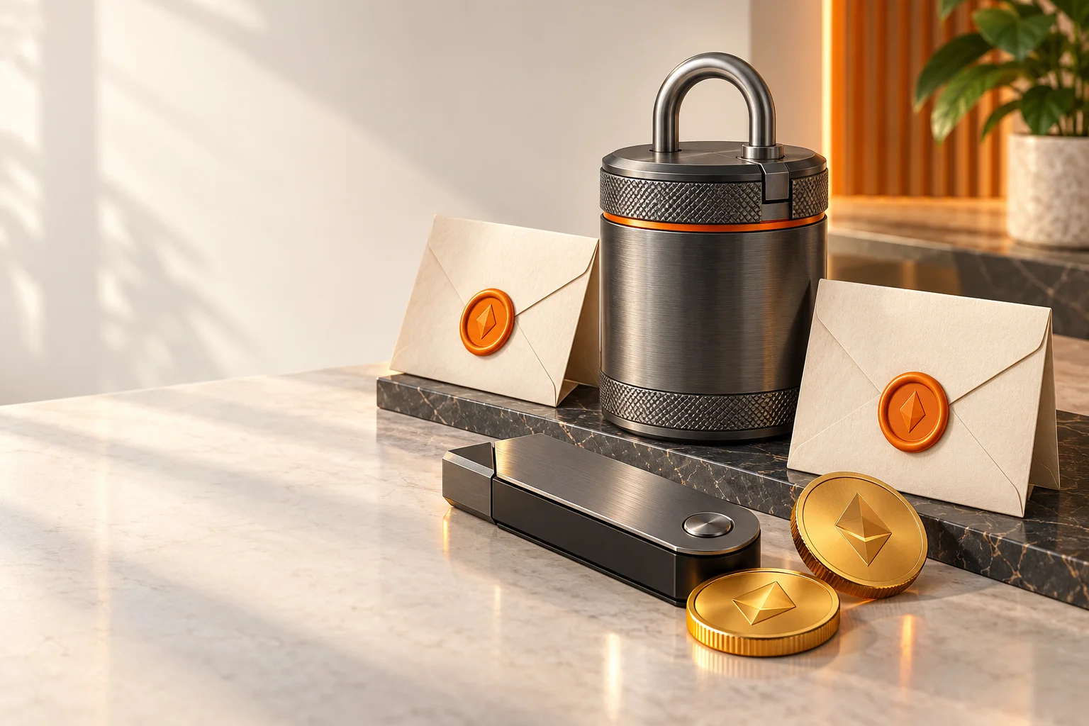 Illustration: A hardware wallet beside a locked backup capsule and separate backup envelopes.