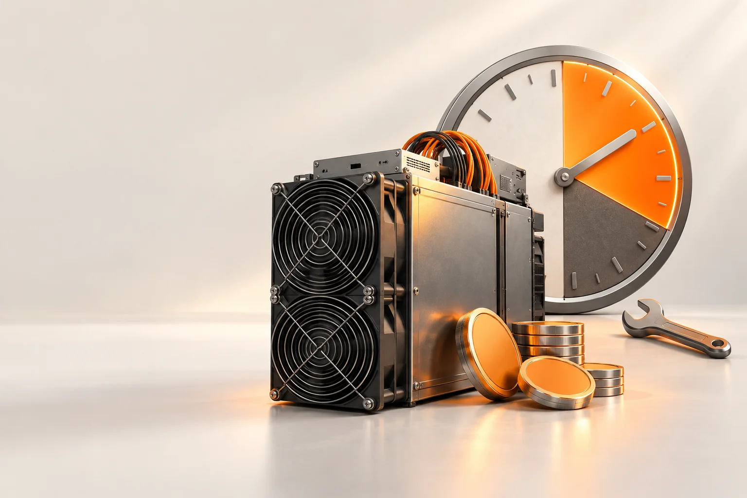 Illustration: A miner beside a segmented operating-time clock and a maintenance wrench.