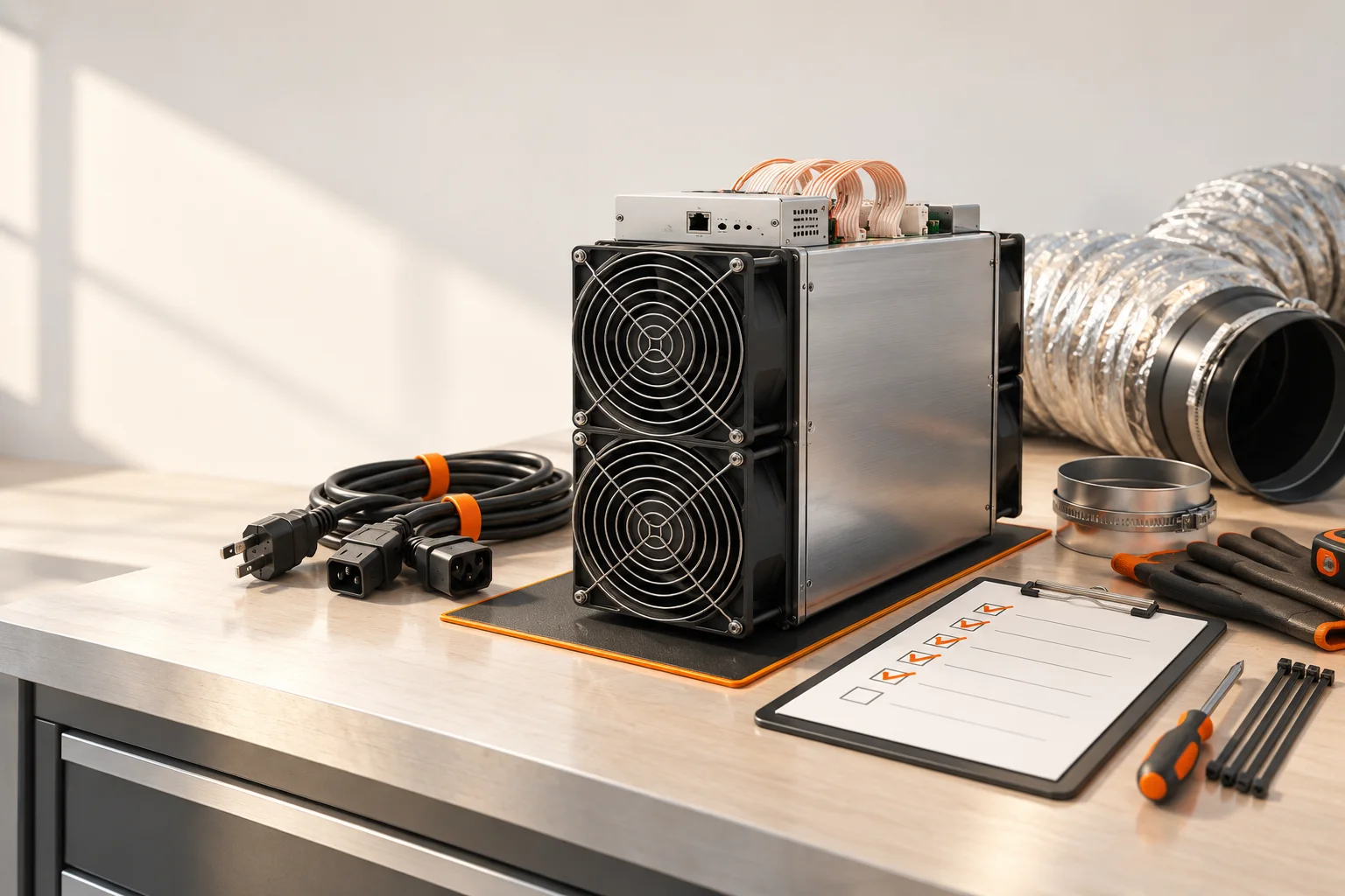 Illustration: An unpacked miner beside disconnected power cords, an airflow duct, and a preparation checklist.
