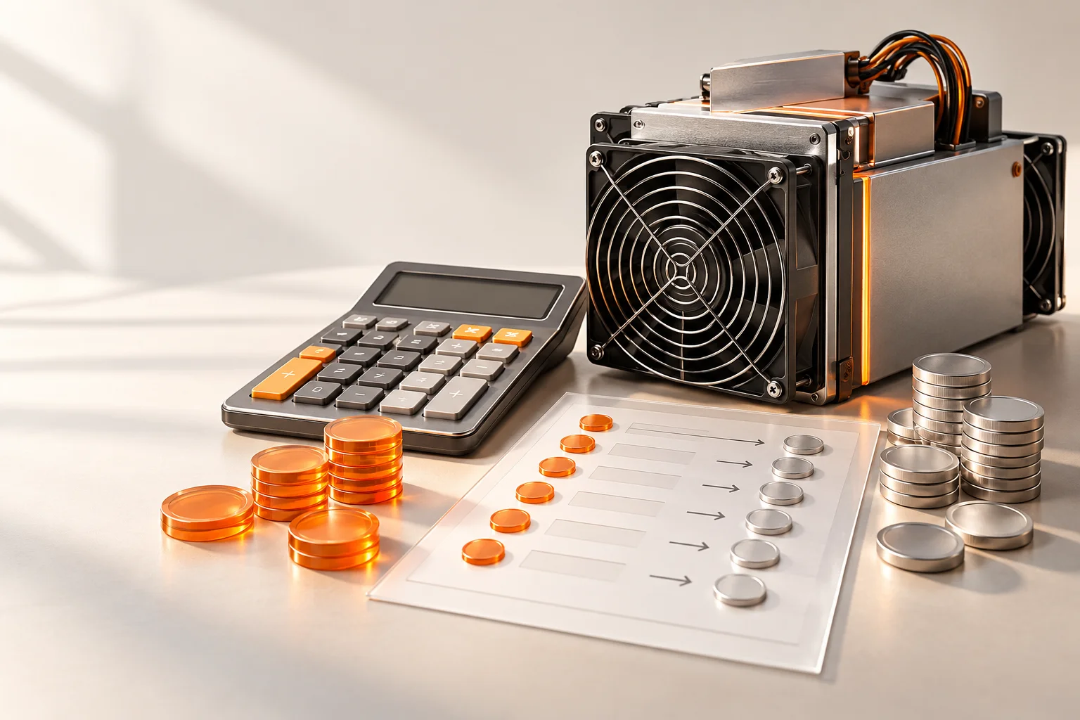 Illustration: A calculator and miner beside an assumption worksheet with input and output tokens.